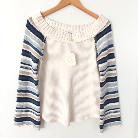 NWT Altar'd State Samantha Top Waffle Knit Ivory Blue Grey Bell Sleeves - Size M - Picture 15 of 15
